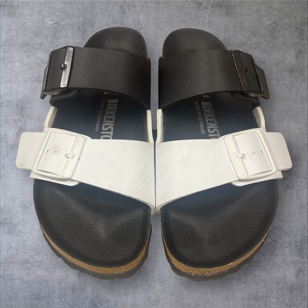 Birkenstock Birko Flor Arizona Split Black/White Womens 6 (37) Comfort Two Strap - Picture 2 of 9